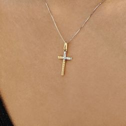 photo of worn Double-Sided Hammered and Polished Cross in Yellow and White Gold