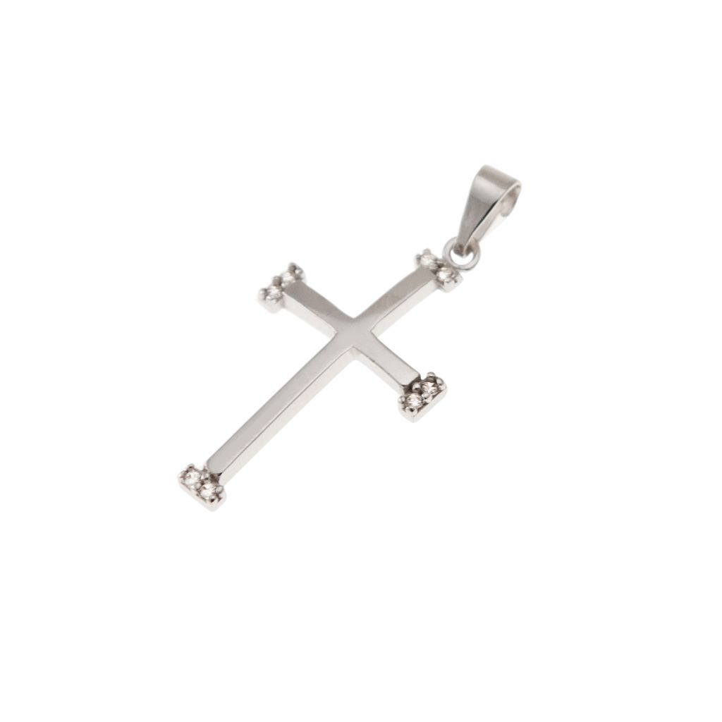 White Gold Polished Cross Pendant with Zircons