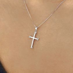 photo of worn White Gold Polished Cross Pendant with Zircons