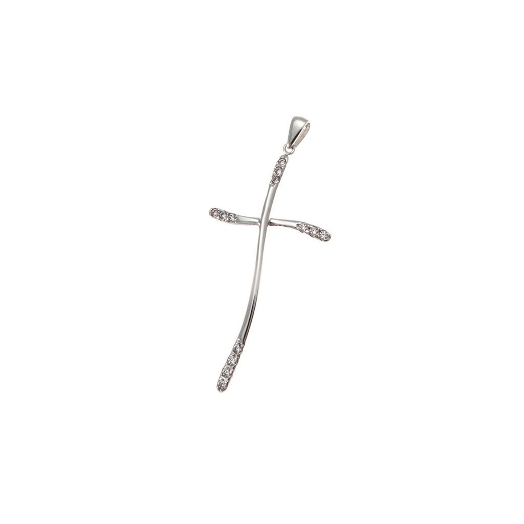 Croce Lucida Ondulata in Oro Bianco con Zirconi