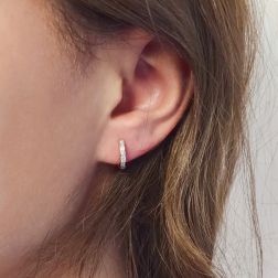 Photo of worn White Gold 1.2cm x 2.3mm Round Lobe Hoops with Zircons