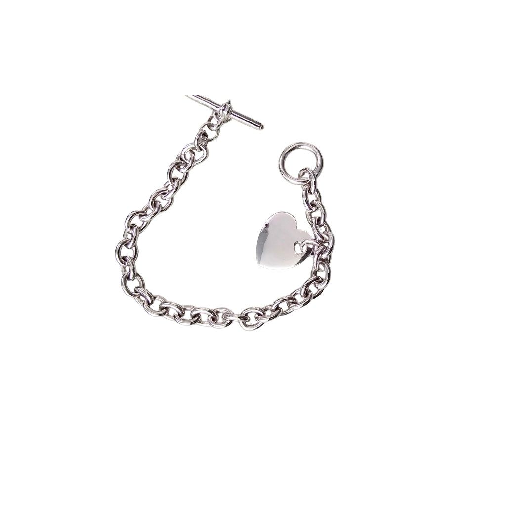 Bracciale a Catena Rolò Ovale in Oro Bianco con Ciondolo Cuore