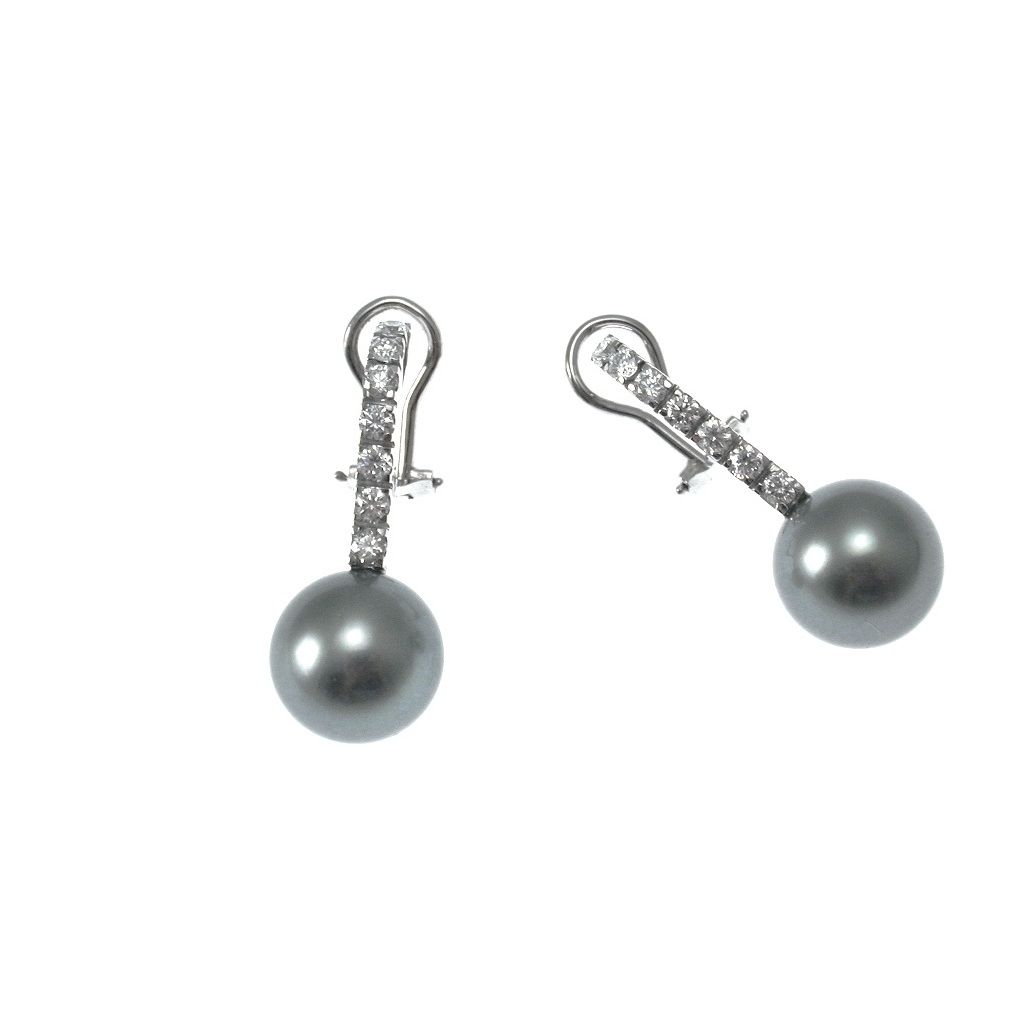 Orecchini tipo Tennis Pendenti 14 Diamanti e Perle Tahiti da 13mm