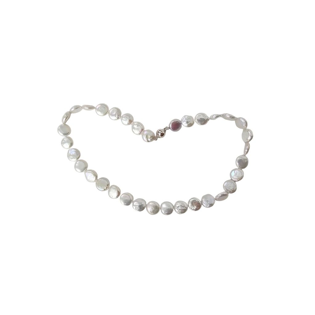 White pearl button necklace with white gold ball clasp