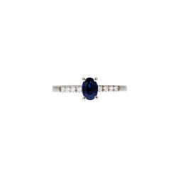 Oval Blue Sapphire Solitaire Ring with 8 Diamonds in White Gold - Italian Size 9