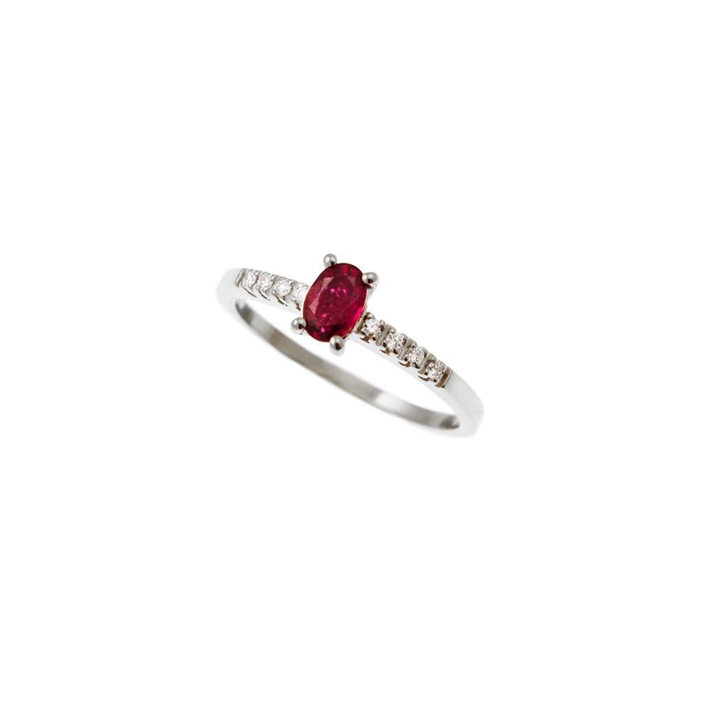 Oval Ruby Solitaire Ring with 8 Diamonds in White Gold - Italian Size 12