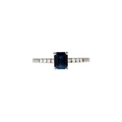 Octagonal Blue Sapphire Solitaire Ring with 8 Diamonds in White Gold
