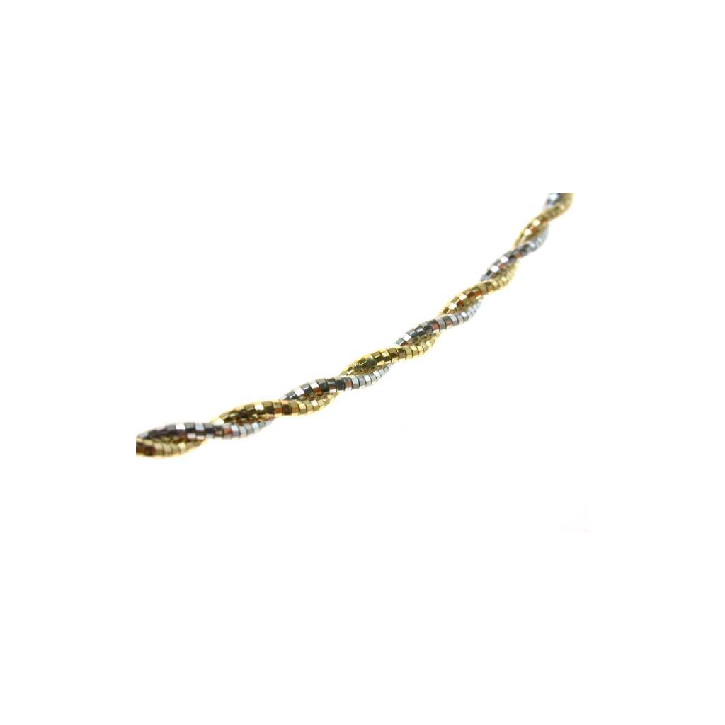 Semirigid flexible intertwined faceted necklace in yellow and white gold