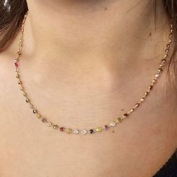 Photo of worn Round Faceted Multicolored stones Necklace in yellow gold