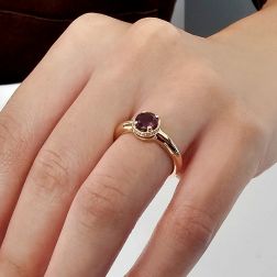 Round Solitaire Ring with Rhodolite and 18 Diamonds in Rose Gold photo worn