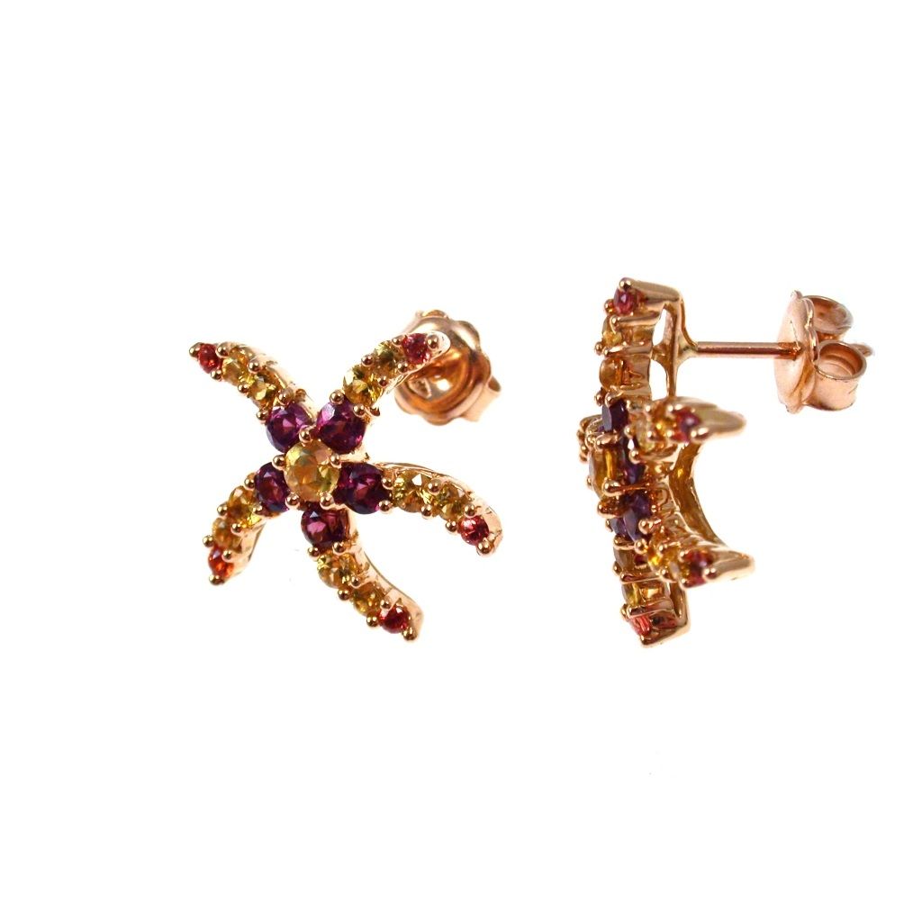 Starfish Earrings with Rhodolites, Yellow Topaz, Mandarin and Yellow Sapphires on Rose Gold