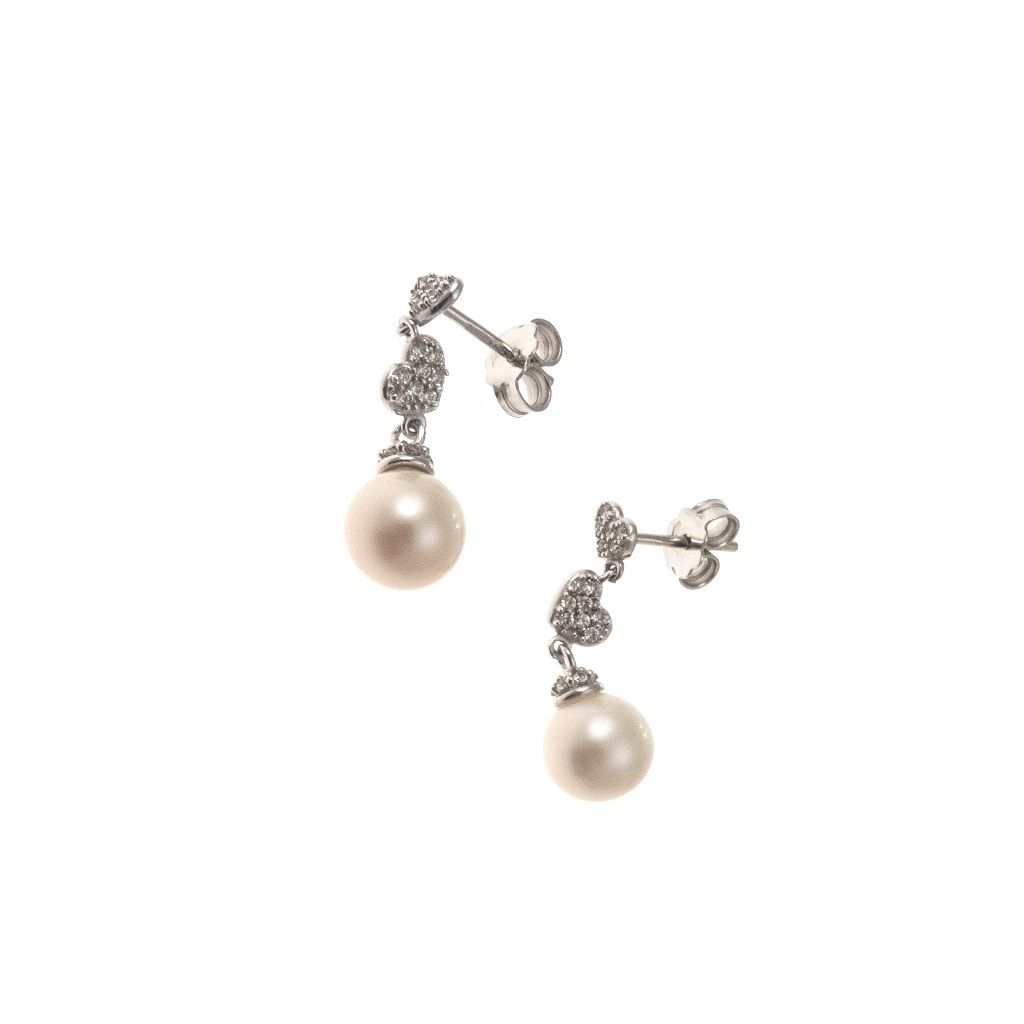 White gold Hearts and Pearls with Zircons Earrings