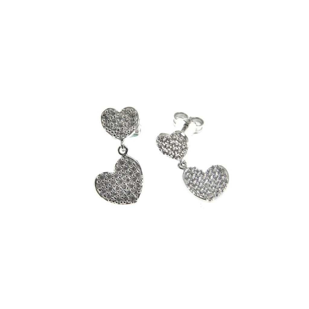 White gold Hearts  with Zircons Dangling Earrings