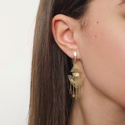 photo of worn Yellow gold filigree Etruscan style drop earrings