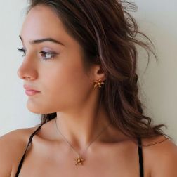 Photo of worn Starfish Earrings with Rhodolites, Yellow Topaz, Mandarin and Yellow Sapphires on Rose Gold