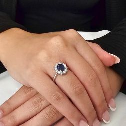 photo of worn 6x8 Blue Sapphire with 12 Diamonds Kate Ring