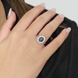 photo of worn 6x8 Blue Sapphire with 12 Diamonds Kate Ring