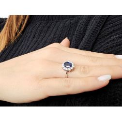 photo of worn 6x8 Blue Sapphire with 12 Diamonds Kate Ring