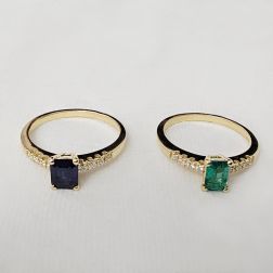 Solitaire Rings with Octagonal Emerald and Sapphire and 8 Diamonds