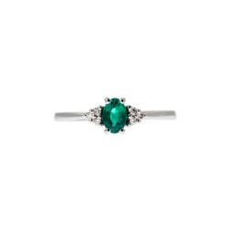 6x4mm Oval Emerald Solitaire Ring with 6 Diamonds in White Gold