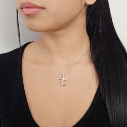 photo of worn White Gold Infinity Cross Pendant with Diamonds