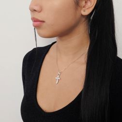 photo of worn Double Intertwined Cross Pendant in White Gold with Diamonds