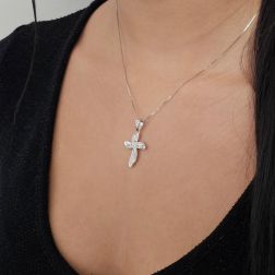 photo of worn Double Intertwined Cross Pendant in White Gold with Diamonds