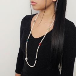 photo of worn 91cm long necklace with white pearls and multicolored stones, without clasp