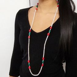 photo of worn 104cm Long Necklace White Pearls with Green and Red Stones without Clasp