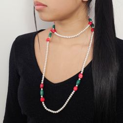 photo of worn 104cm Long Necklace White Pearls with Green and Red Stones without Clasp