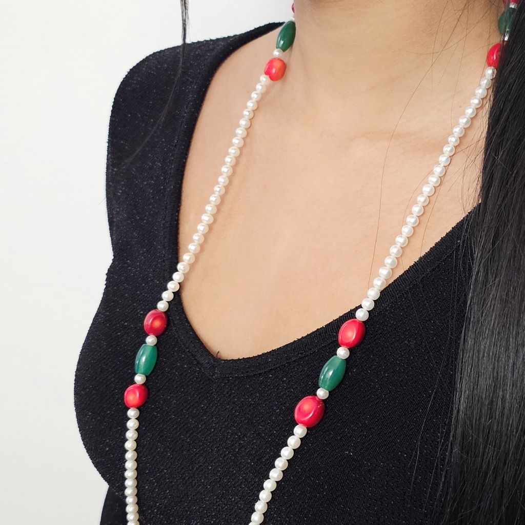 photo of worn 104cm Long Necklace White Pearls with Green and Red Stones without Clasp