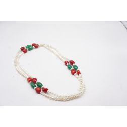 104cm Long Necklace White Pearls with Green and Red Stones without Clasp