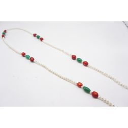 104cm Long Necklace White Pearls with Green and Red Stones without Clasp