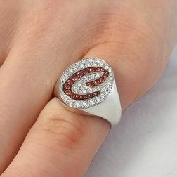 Photo of worn Letter C Chevalier Ring with Mandarin Sapphires and Diamonds