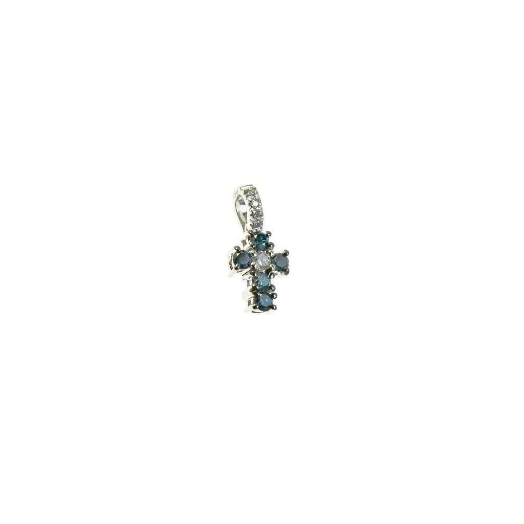 Ciondolo Croce con Diamanti Blu - Larghezza 6.7mm
