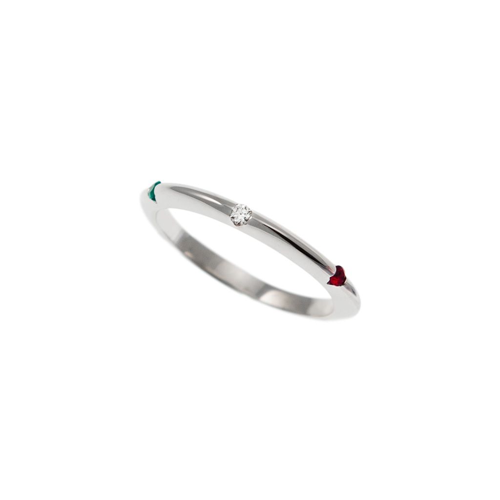 Thin pyramid-shaped ring with alternating diamonds, blue sapphires, rubies and emeralds