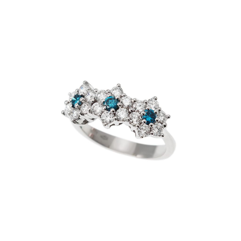 Trilogy Diamonds and Blue Diamonds Flower Ring