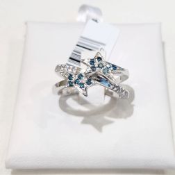 Anello 2 Stelle Diamanti e Diamanti Blu su Oro Bianco