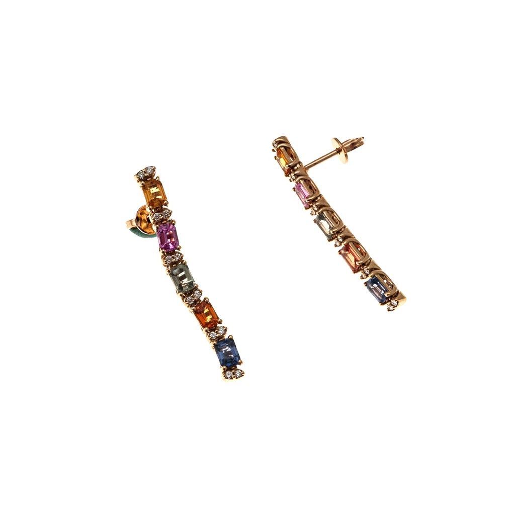Orecchini Pendenti lineari Zaffiri multicolor e Diamanti