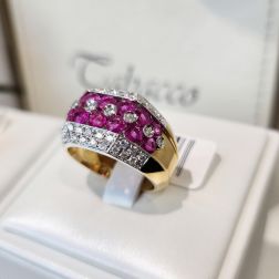 Anello Design in Oro Giallo a fasce con Rubini Rosa e Diamanti