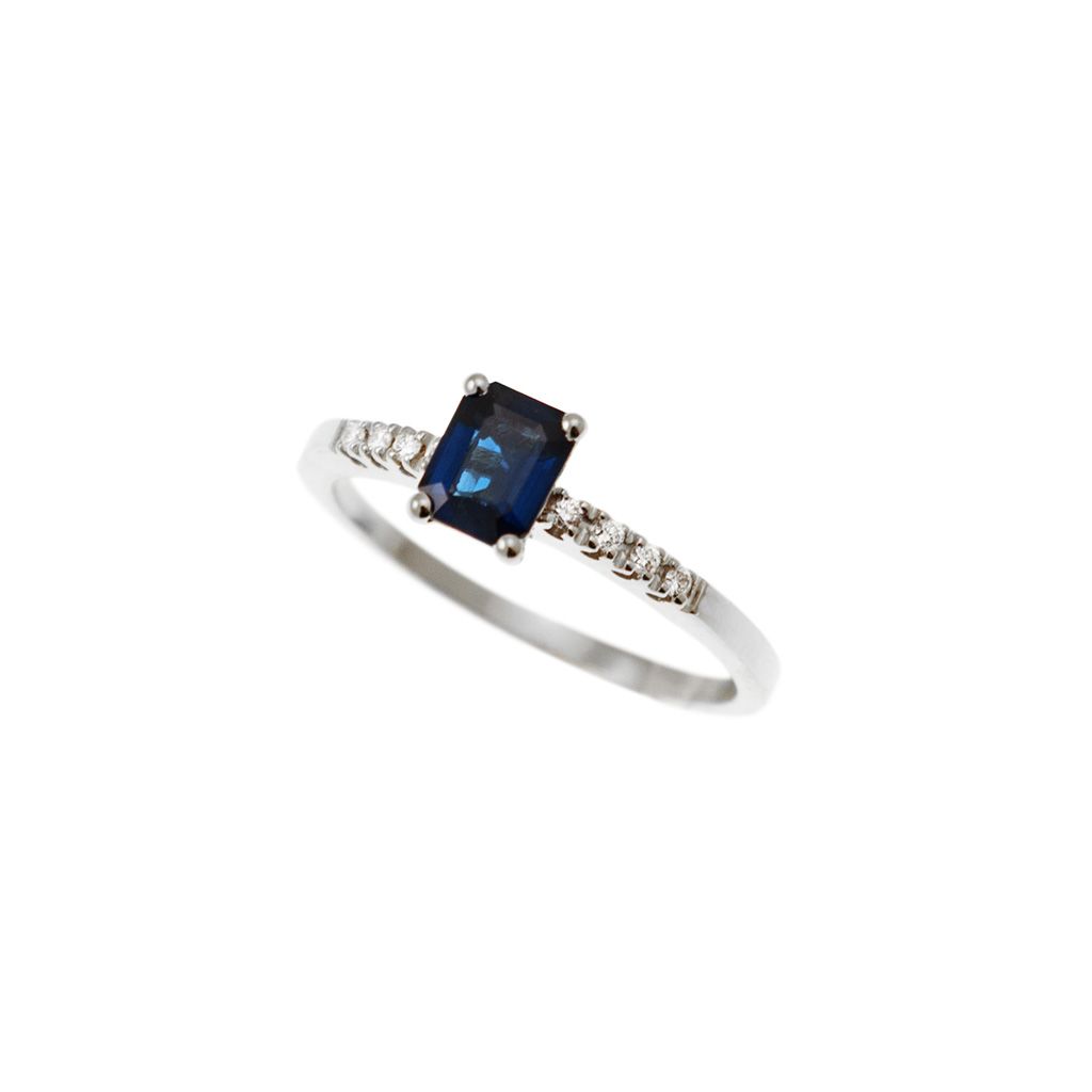 Anello Solitario Zaffiro Blu Ottagonale e 8 Diamanti in Oro Bianco