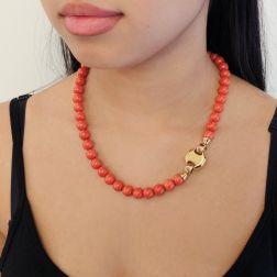 Photo of worn 9.50-10mm Natural Coral 49cm necklace Octagonal clasp Yellow and Rose Gold