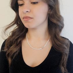 Photo of worn Fresh Water 5mm Pearl Necklace with White Gold and Diamond Drop Clasp