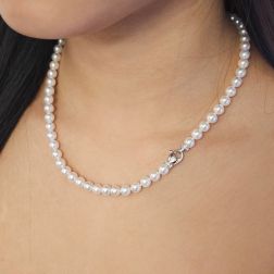 photo of worn 6.00 - 6.50mm Akoya Pearl Necklace with small lobster clasp with Diamonds in White Gold