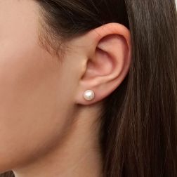 photo of worn Earrings with 7mm freshwater pearls in white gold