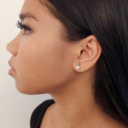 Photo of worn  4mm Sphere Earrings in White Gold and 5.5mm Fresh Water Pearl