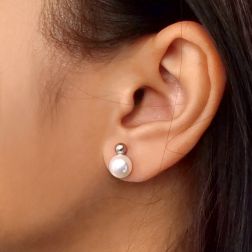 Photo of worn 4mm Sphere Earrings in White Gold and 7.5mm Fresh Water Pearl
