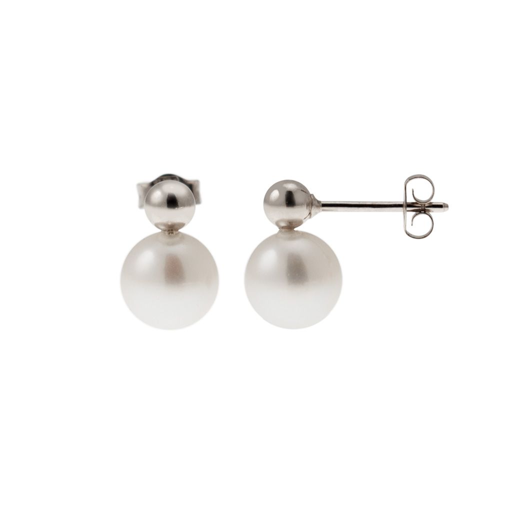 4mm Sphere Earrings in White Gold and 7.5mm Fresh Water Pearl