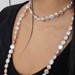 photo of worn 114cm Long Necklace Pink Button Pearls without clasp