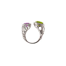 Anello Design Aperto Peridoto 9mm e Ametista 7mm contorno Diamanti